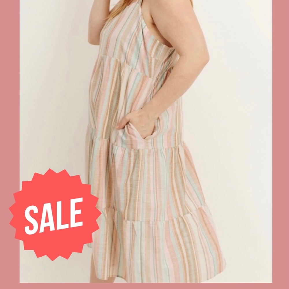 Plus Size Gilli Multi-Color Strip Layered Dress with Pockets